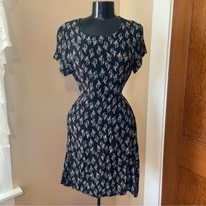 3/$15 Vintage 90s American Made floral tie black and white mini flowy dress
